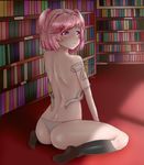  1girl ass bare_back blush bra doki_doki_literature_club looking_at_viewer looking_back natsuki_(doki_doki_literature_club) panties pink_eyes pink_hair short_hair socks solo thighs tini 