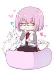  blush_stickers chibi commentary_request cup eating fate/grand_order fate_(series) flying_sweatdrops food fou_(fate/grand_order) glasses hair_over_one_eye holding lavender_hair marshmallow mash_kyrielight seiza short_hair simple_background sitting teacup translation_request watanon_(gakushokutei) 