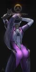  1girl adjusting_hair artist_request ass black_background blue_hair blue_skin bodysuit from_behind gloves overwatch skintight solo standing tattoo widowmaker_(overwatch) 