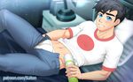  1boy abs bed bedroom black_hair blue_eyes bulge crotch danny_phantom lying male_focus pillow solo suiton undressing 