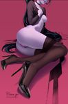 ass bad_revision black_hair black_legwear breasts censored_revision choker cian_yo foreshortening hand_on_own_chest head_out_of_frame high_heels highres lips long_hair md5_mismatch medium_breasts nipples overwatch pantyhose pantyhose_pull parted_lips pink_background purple_skin pussy shirt_lift sitting solo uncensored very_long_hair widowmaker_(overwatch) yokozuwari 