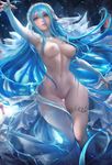  1girl aqua_(fire_emblem_if) areolae arm_up armpits artist_name blue_hair breasts curvy dancer fire_emblem fire_emblem_if long_hair medium_breasts navel nintendo nipple parted_lips pussy sakimichan single_thighhigh solo uncensored very_long_hair water web_address wide_hips yellow_eyes 