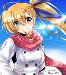  asymmetrical_bangs bangs blonde_hair blue_ribbon breath casual closed_mouth cloud cloudy_sky condensation_trail dated day drill_hair drill_locks eyebrows_visible_through_hair green_eyes hair_ribbon hands_in_pockets head_tilt heterochromia highres long_hair looking_at_viewer lyrical_nanoha mahou_shoujo_lyrical_nanoha_vivid older outdoors red_eyes red_scarf ribbon san-pon scarf side_ponytail sky smile solo standing twitter_username upper_body vivio white_coat winter_clothes 