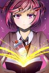  1girl blush book doki_doki_literature_club highres looking_at_viewer natsuki_(doki_doki_literature_club) parfait pink_eyes pink_hair school_uniform short_hair solo 