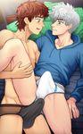  2boys bed bedroom brown_hair bulge crotch erection hiccup_horrendous_haddock_iii how_to_train_your_dragon jack_frost_(rise_of_the_guardians) leg_lift lying male_focus multiple_boys pillow rise_of_the_guardians silver_hair suiton underwear undressing yaoi 