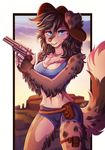 2017 5_fingers anthro blue_eyes breasts brown_hair canine cleavage clothed clothing digital_media_(artwork) dog female gun hair holding_object holding_weapon ketty-leopardess mammal navel ranged_weapon smile solo standing weapon 
