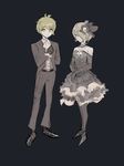  1boy 1girl ahoge amami_rantarou black_dress black_gloves black_legwear choker danganronpa dress duo formal gloves green_eyes green_hair grey_hair hair_over_one_eye jewelry matching_hair/eyes new_danganronpa_v3 pants pantyhose qosic shirt shoes short_hair smile toujou_kirumi 