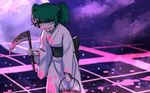  bucket commentary_request evil_smile green_eyes green_hair grin japanese_clothes kimono kisume meimaru_inuchiyo obi pink_blood sash scythe sharp_teeth smile solo teeth touhou twintails 