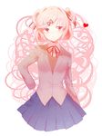  blue_skirt commentary doki_doki_literature_club frown hair_ornament hair_ribbon hairclip hand_on_hip heart highres kumomo0214 looking_away natsuki_(doki_doki_literature_club) outline pink_eyes pink_hair pleated_skirt red_ribbon ribbon school_uniform short_hair skirt solo two_side_up white_outline 