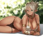  armlet bare_shoulders bikini_top blurry blurry_background bracer breasts cleavage dark_skin earrings folded_ponytail green_eyes grey_hair houtengeki jewelry large_breasts loincloth looking_at_viewer lying navel o-ring on_side original parted_lips pelvic_curtain pointy_ears solo thigh_strap white_bikini_top 