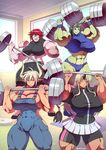  4girls abs bare_shoulders biceps blonde_hair bokuman breasts cathyl cleavage cow_girl eyes_closed female green_hair gym gym_uniform horn horns large_breasts monster_girl monster_musume_no_iru_nichijou multiple_girls muscle musclefan muscular_female ogre oni pointy_ears red_hair stitches suspenders tionishia weightlifting weights zombie zombina 