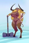  abs ber00 big_breasts big_butt bovine breasts butt dark_elf ear_piercing elf female furel hammer hi_res hooves horn huge_breasts huge_butt humanoid mammal minotaur piercing pinup pose simple_background solo tools warhammer 