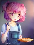  artist_name commentary doki_doki_literature_club english_commentary food hair_ornament hair_ribbon hairclip holding index_finger_raised looking_at_viewer natsuki_(doki_doki_literature_club) open_mouth overalls pink_eyes pink_hair red_ribbon ribbon shirt short_hair short_sleeves solo sushi takuyarawr two_side_up upper_body white_shirt 