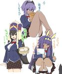  :d animal_ears asarokuji bamboo_steamer bangs bare_legs barefoot black_hairband blue_jacket book bow bowtie breasts brown_eyes brown_footwear brown_hair brown_skirt collared_shirt commentary_request dark_skin dot_nose dumpling eyebrows_visible_through_hair facial_mark fate/grand_order fate/prototype fate/prototype:_fragments_of_blue_and_silver fate_(series) food hair_between_eyes hairband hassan_of_serenity_(fate) hat highres holding holding_book holding_pencil jackal_ears jacket large_breasts legs_together long_hair long_sleeves looking_at_viewer medium_breasts multiple_girls nitocris_(fate/grand_order) notepad one_eye_closed open_book open_mouth panties pencil pinky_out pleated_skirt purple_eyes red_neckwear school_uniform shirt shoes short_hair sidelocks simple_background sitting skirt small_breasts smile socks squatting standing translation_request underwear very_long_hair white_background white_legwear white_panties white_shirt wing_collar xuanzang_(fate/grand_order) 