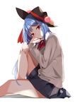  :t alternate_costume black_hat black_skirt blue_hair cardigan commentary_request hand_on_own_knee hands_up hat hinanawi_tenshi knee_up long_hair long_sleeves looking_at_viewer miniskirt pleated_skirt pout red_eyes red_neckwear school_uniform simple_background sitting skirt solo tetsurou_(fe+) touhou white_background wing_collar 