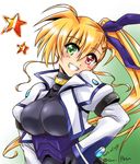  asymmetrical_bangs bangs black_bodysuit blonde_hair blue_ribbon bodysuit dated eyebrows_visible_through_hair gradient gradient_background green_background grin hair_ribbon head_tilt heterochromia jacket long_hair long_sleeves looking_at_viewer lyrical_nanoha magical_girl mahou_shoujo_lyrical_nanoha_vivid older ribbon san-pon side_ponytail smile solo standing star twitter_username upper_body vivio white_jacket 