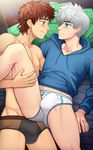  2boys bed bedroom brown_hair bulge crotch hiccup_horrendous_haddock_iii how_to_train_your_dragon jack_frost_(rise_of_the_guardians) leg_lift lying male_focus multiple_boys pillow rise_of_the_guardians silver_hair suiton underwear undressing yaoi 