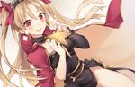  :d bangs black_leotard blonde_hair blush bow cloak commentary_request dutch_angle ereshkigal_(fate/grand_order) eyebrows_visible_through_hair fate/grand_order fate_(series) gradient gradient_background hair_bow leotard long_hair looking_at_viewer open_mouth parted_bangs purple_bow red_eyes shiao skull smile solo star thighs two_side_up 