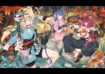  3girls ahoge anger_vein anklet azur_lane bike_shorts blonde_hair blue_hair boiling bow breasts campfire cleavage cleveland_(azur_lane) closed_eyes crab eating flower fox_mask hair_bow hair_flower hair_ornament helena_(azur_lane) japanese_clothes jewelry jukyu_kibato kimono large_breasts leaf letterboxed long_hair maple_leaf mask mask_on_head multiple_girls one_side_up open_mouth ponytail pot red_eyes red_hair sandals sitting splashing sweatdrop tasuki wichita_(azur_lane) wristband you're_doing_it_wrong 