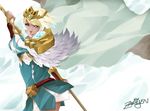  absurdres blonde_hair blue_eyes cape crown feathers fire_emblem fire_emblem_heroes fjorm_(fire_emblem_heroes) highres holding holding_spear holding_weapon ice looking_at_viewer pauldrons polearm short_hair solo spear weapon 