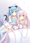  :o amashiro_natsuki animal_ears arm_support bad_id bad_pixiv_id bangs blue_eyes blue_hair blue_ribbon blush bow bunny_ears cat_ears cat_girl cat_tail choker closed_mouth commentary_request couch dress ears_down eyebrows_visible_through_hair garter_straps green_eyes hair_between_eyes hair_bow hair_ornament head_rest highres long_hair long_sleeves looking_at_viewer multiple_girls on_couch one_side_up original parted_lips petals pink_bow pink_ribbon puffy_short_sleeves puffy_sleeves ribbon short_sleeves silver_hair sitting slit_pupils striped striped_legwear stuffed_animal stuffed_bunny stuffed_cat stuffed_toy tail thighhighs tile_floor tiles very_long_hair white_choker white_dress 