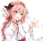  arrow astolfo_(fate) bow braid cherry_blossoms commentary_request eyebrows_visible_through_hair fang fate/grand_order fate_(series) gomano_rio hair_between_eyes hair_bow hair_intakes hamaya hand_up japanese_clothes long_hair male_focus miko open_mouth otoko_no_ko pink_hair purple_eyes solo white_background wide_sleeves 