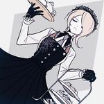  1girl black_dress black_gloves buttons cheru danganronpa dress eyebrows eyes_closed gloves grey_hair hair_over_one_eye hairband headdress maid maid_headdress necktie new_danganronpa_v3 short_hair solo tie toujou_kirumi 