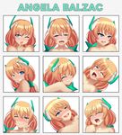 angela_balzac blonde_hair blush chart closed_eyes commentary_request expression_chart expressions highres multiple_views one_eye_closed open_mouth rakuen_tsuihou saliva santystuff smile v 