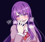  1girl blush breath doki_doki_literature_club evil_grin full-face_blush hand_on_mouth highres long_hair purple_eyes purple_hair school_uniform simple_background solo spiral_eyes yuri_(doki_doki_literature_club) 