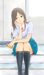  black_legwear blue_skirt brown_eyes brown_hair chin_rest closed_mouth collared_shirt commentary_request eyebrows_visible_through_hair feet_out_of_frame frown head_tilt hi_iro holding indoors juice_box legs_together looking_at_viewer original pleated_skirt school_uniform shirt sitting skirt socks solo stairs uniform white_shirt wing_collar 