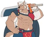  canine demon drks male mammal marchosias melee_weapon muscular muscular_male nipples scar sword tokyo_afterschool_summoners tusks weapon wolf 
