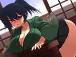  blue_eyes blue_hair breast_rest breasts cleavage commentary_request curvy desk highres japanese_clothes kantai_collection large_breasts long_sleeves solo souryuu_(kantai_collection) tears thighs twintails ueda_katsuhito wide_sleeves 