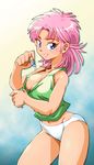  ass blue_eyes breasts cleavage commentary_request dragon_quest dragon_quest_dai_no_daibouken jewelry maam medium_breasts necklace onnaski panties pink_hair short_hair solo tank_top underwear 