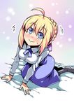  ahoge artoria_pendragon_(all) bed bed_invitation blonde_hair blouse blush breasts come_hither commentary_request fate/stay_night fate_(series) green_eyes hair_bun hair_ribbon highres looking_at_viewer medium_breasts pantyhose ribbon saber skirt smile solo tsuki_wani 