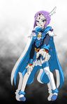 blue_eyes breasts cape cartoon_network commentary_request cosplay dc_comics forehead_jewel grey_skin highres onnaski precure purple_hair raven_(dc) short_hair smile_precure! solo teen_titans thighhighs 