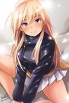  blonde_hair blue_eyes from_above hanna-justina_marseille haruhata_mutsuki jacket leather leather_jacket long_hair looking_at_viewer looking_up pleated_skirt signature sitting skirt smile solo strike_witches twitter_username world_witches_series 