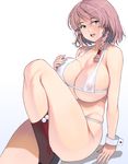  1girl bikini braid breasts brown_hair curvy female gradient_background green_eyes highres large_breasts leg_lift looking_at_viewer masao micro_bikini nipples open_mouth red_socks see-through shoes short_hair simple_background sitting socks solo swimsuit thighs white_bikini white_swimsuit 