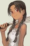  abenobashi_mahou_shoutengai asahina_arumi bare_arms bare_shoulders black_hair braid closed_mouth dress fan fingernails grey_background hankuri harisen holding long_hair looking_at_viewer red_eyes simple_background smile solo twin_braids upper_body white_dress 