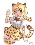  animal_ears blonde_hair bow bowtie breast_pocket brown_neckwear claw_pose commentary cowboy_shot elbow_gloves eyebrows_visible_through_hair fur_collar gloves hand_up high-waist_skirt jaguar_(kemono_friends) jaguar_print kemono_friends legs_together looking_at_viewer multicolored multicolored_clothes multicolored_legwear pocket shirt short_hair signature simple_background skirt slit_pupils solo tail thighhighs umiroku white_background white_shirt yellow_eyes 
