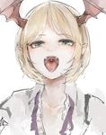  bat_wings blonde_hair blush collared_shirt eyebrows_visible_through_hair fangs granblue_fantasy green_eyes head_wings looking_at_viewer male_focus open_mouth pointy_ears shingeki_no_bahamut shirt simple_background solo sweatdrop tongue tongue_out upper_body uvula veight wataichi_meko white_background wing_collar wings 