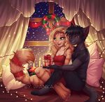  2017 4_toes 5_fingers anthro barefoot black_hair blonde_hair breasts brown_eyes cat christmas cleavage clothed clothing detailed_background digital_media_(artwork) duo feline female green_eyes hair holidays imanika inside male male/female mammal romantic romantic_couple smile snow snowing toes 