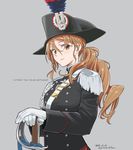  absurdres aiguillette alternate_costume breasts brown_eyes brown_hair buckle carabinieri character_name commentary epaulettes fringe_trim grey_background hair_between_eyes hands_on_hilt hat highres kantai_collection littorio_(kantai_collection) long_hair long_sleeves looking_at_viewer medium_breasts military military_hat military_uniform mitsusaka_mitsumi peaked_cap ponytail sidelocks smile solo strap sword uniform wavy_hair weapon 