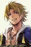 backpack bag blonde_hair blue_eyes chain earrings final_fantasy final_fantasy_x grey_background grin hankuri hood hood_down jacket jewelry looking_at_viewer male_focus necklace simple_background smile solo tidus upper_body 