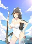  absurdres azur_lane ball beachball black_hair blue_sky bokken bow brown_eyes casual_one-piece_swimsuit cloud contrapposto cowboy_shot criss-cross_halter day hair_bow hair_flaps hair_ribbon halterneck highres holding holding_sword holding_weapon long_hair meng_ge_3_(565571710) one-piece_swimsuit outdoors ponytail ribbon sky solo standing swimsuit sword takao_(azur_lane) very_long_hair weapon white_bow white_swimsuit wooden_sword 