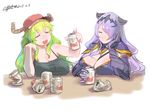  :d absurdres bangs bare_arms bare_shoulders beer_can blonde_hair breast_rest breasts camilla_(fire_emblem_if) camisole can cleavage closed_eyes closed_mouth commentary_request dated dragon_girl drooling drunk eyebrows_visible_through_hair facing_viewer fire_emblem fire_emblem_if gauntlets gorgeous_mushroom green_hair hair_over_one_eye headpiece highres horns huge_breasts kobayashi-san_chi_no_maidragon large_breasts long_hair multicolored_hair multiple_girls open_mouth purple_hair quetzalcoatl_(maidragon) signature sitting sketch smile table 