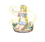  alice_schuberg barefoot blonde_hair blue_eyes blue_towel faux_figurine frilled_towel frills full_body hair_between_eyes kneeling long_hair looking_at_viewer naked_towel official_art outstretched_arm parted_lips simple_background solo sword_art_online sword_art_online:_code_register towel very_long_hair white_background wrist_extended 