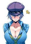  blue_eyes blue_hair blue_shirt blush breasts cabbie_hat cleavage closed_mouth collarbone collared_shirt green_neckwear hair_between_eyes hat large_breasts long_sleeves looking_at_viewer necktie nose_blush persona persona_4 persona_4:_dancing_all_night purple_hat shiny shiny_skin shirogane_naoto shirt short_hair sidelocks simple_background solo sweatdrop tsuki_wani tsurime upper_body v-neck white_background wing_collar 