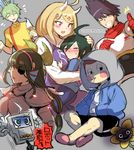  1girl 7boys akamatsu_kaede amami_rantarou animal_ears armor black_hair blonde_hair blush breasts brown_hair chabashira_tenko cosplay danganronpa dress eyepatch eyes_closed eyewear frisk_(cosplay) green_eyes green_hair group hair_ornament hairpin hoodie horns hoshi_ryouma keebo matching_hair/eyes mettaton_(cosplay) momota_kaito multiple_boys musical_note musical_note_hair_ornament new_danganronpa_v3 nice_cream_guy_(cosplay) ouma_kokichi papyrus_(cosplay) purple_eyes purple_hair robot saihara_shuuichi sans_(cosplay) shirt short_hair silver_hair smile suurin_(ksyaro) toriel_(cosplay) undertale undyne_(cosplay) 