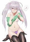  ahoge areola_slip areolae bad_feet bikini black_legwear blush breasts collarbone gobi_(sobmobink) green_shirt grey_eyes grey_hair hair_between_eyes hair_ribbon heart highres hoshi_shouko idolmaster idolmaster_cinderella_girls long_hair looking_at_viewer micro_bikini moderate_pubic_hair navel pink_ribbon pubic_hair purple_bikini ribbon shirt shirt_lift simple_background sitting small_breasts solo spoken_heart swimsuit thighhighs twintails undressing very_long_hair wariza white_background 