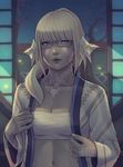  au_ra blonde_hair blue_eyes blurry blurry_background breasts cleavage collarbone commission dragon_horns final_fantasy final_fantasy_xiv glasses horns lips long_hair looking_at_viewer medium_breasts navel open_clothes rimless_eyewear sarashi scales solo soranamae upper_body window 